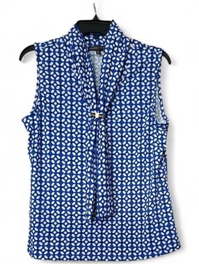 Royal Blue And White Sleeveless VNeck Blouse With Tie At Neckline Sz  Medium